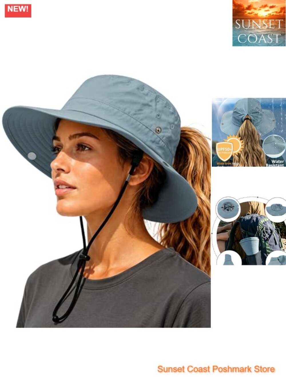 Womens Sun Hat Ponytail Hole Wide Brim UPF 50+ Waterproof Bucket Hat Packable